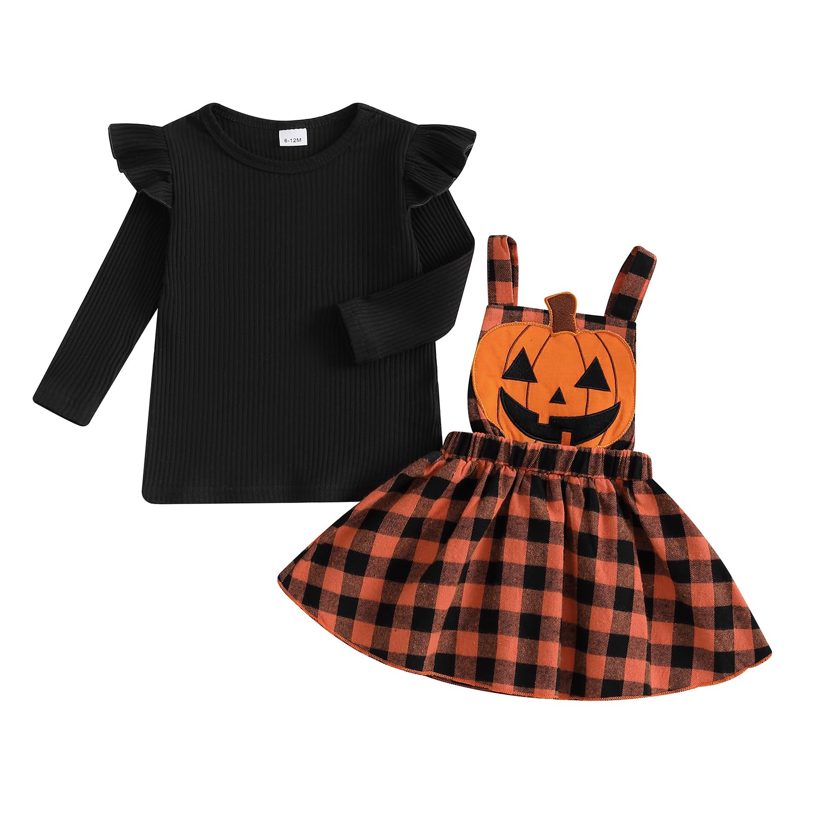 HYADRBLEBY Toddler Girl Halloween Outfit Solid Shirt Pumpkin Suspender Skirt 6M 1T 2T 3T 4T 5T Kids Girls Overall Dress Set (Orange, 3-4T)