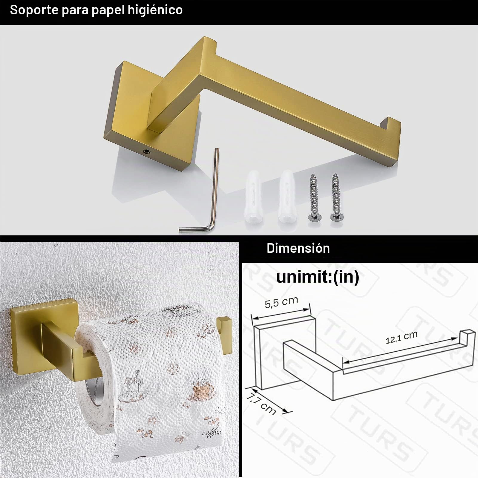 TURS Juego de 4 accesorios de baño de acero inoxidable cuadrado para toallero, montado en la pared, oro cepillado, Q7GD-4PC-60CM