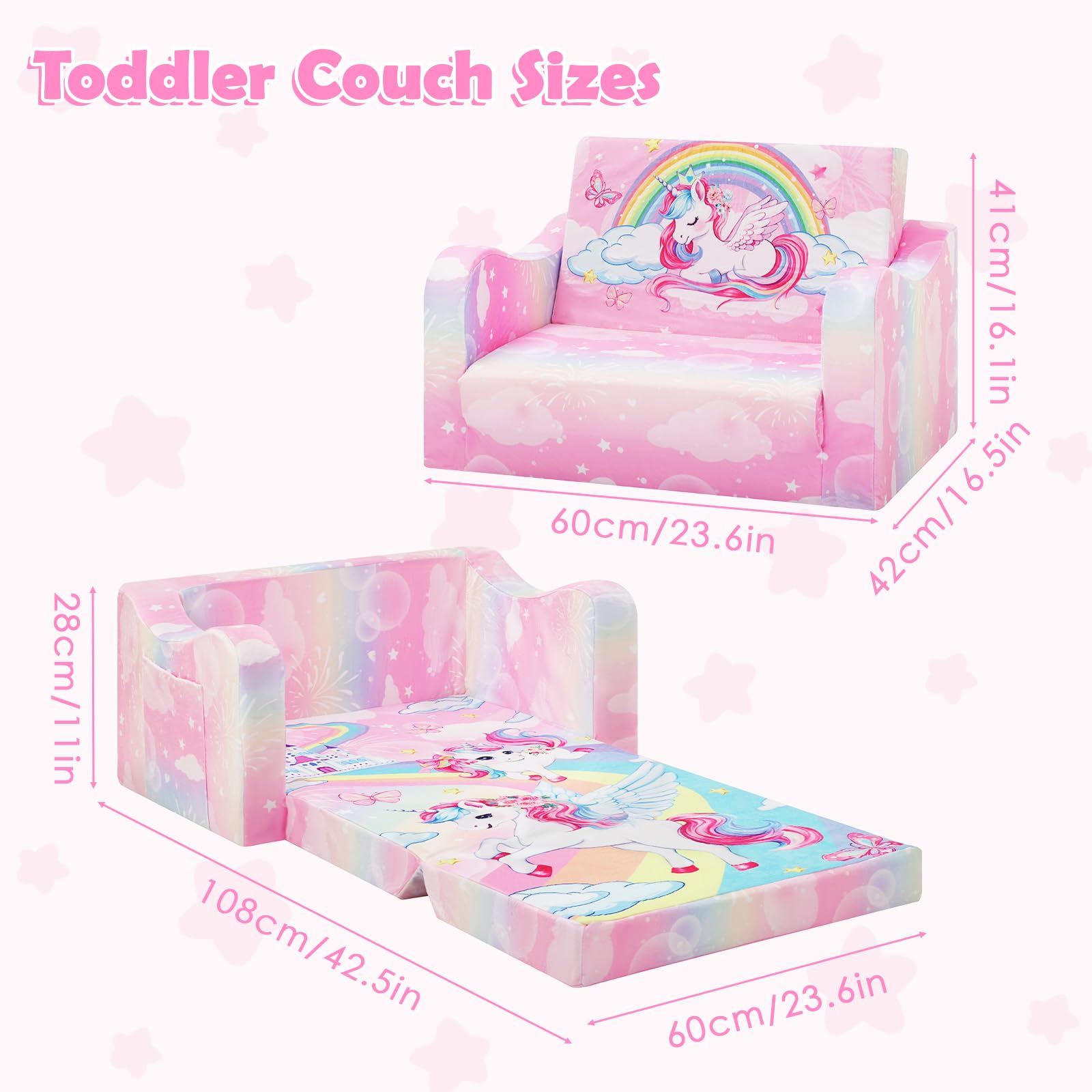 Pieghevole Divano Bambini 2-in-1, Poltroncina per Trasformabile in Lettino, Comoda Stabile Sedia Camere da Letto, Soggiorno e Stanza per i Giochi,Unicorno