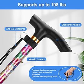 supregear Folding Cane, 5-Level Adjustable Height Walking Stick Lightweight Collapsible Portable Travel Cane with Wrist Strap and T Handle for Elderly Disabled Men Women, Pink Floral