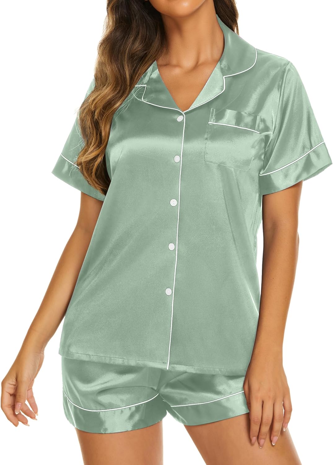 Ekouaer Silk Pajamas for Women Short Sleeve Sleepwear Soft Button Down Loungewear 2 Piece Satin Pjs Shorts Set - Image 3
