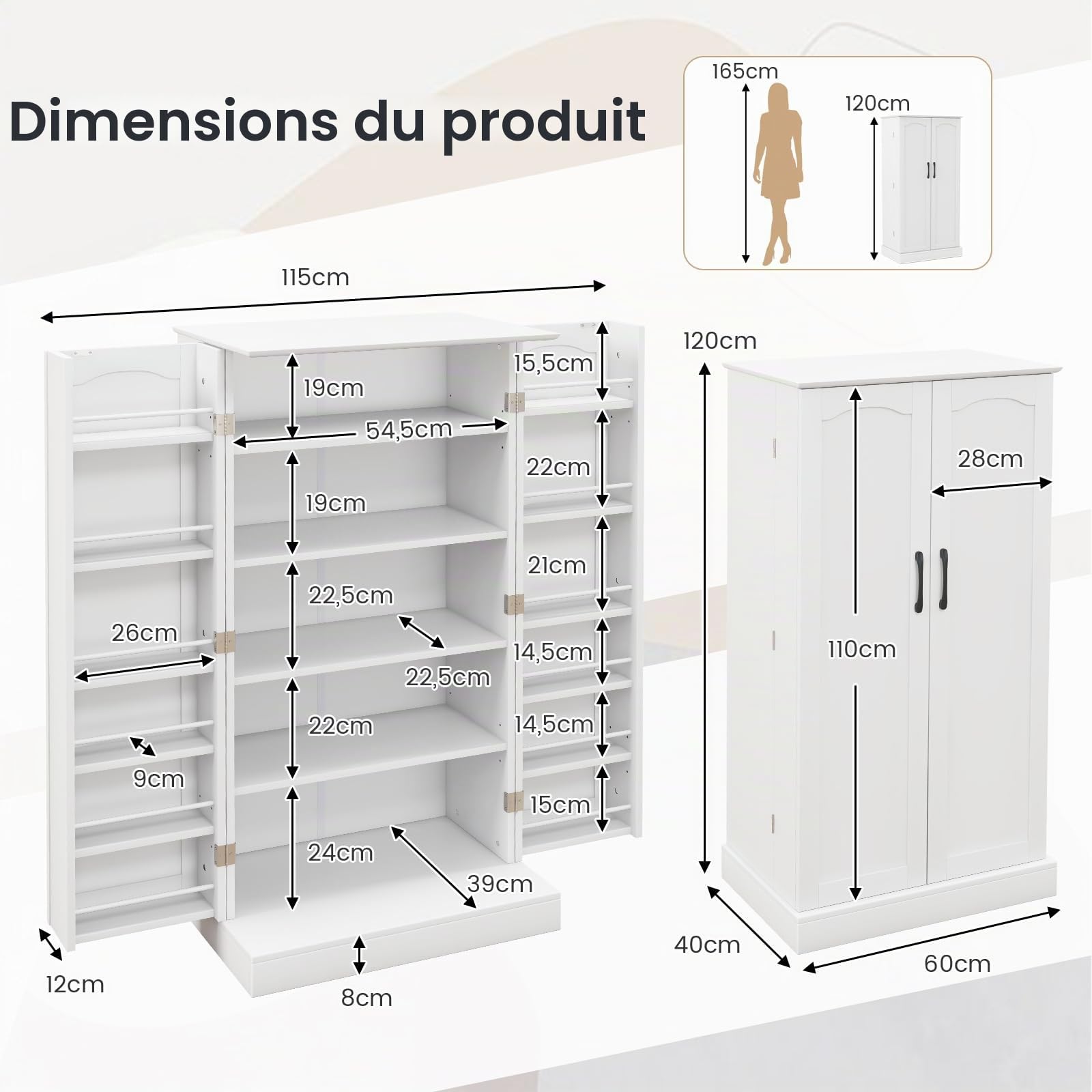 GIANTEX Buffet de Cuisine Moderne avec 2 Portes, 16 Étagères Réglables, Dispositif Anti-basculement, pour Salle à Manger, Salon (60 X 40 X 120 CM) (Blanc)