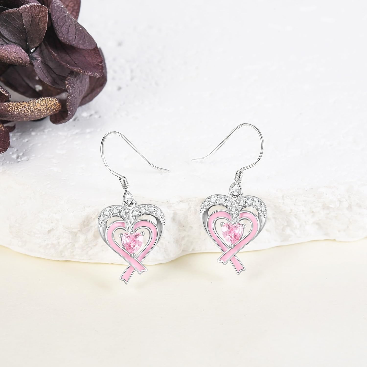 Breast Cancer Awareness Earrings 925 Sterling Silver Heart Pink Ribbon Dangle Drop Earrings Breast Cancer Survivor Jewelry Gifts for Women Friend - Image 3