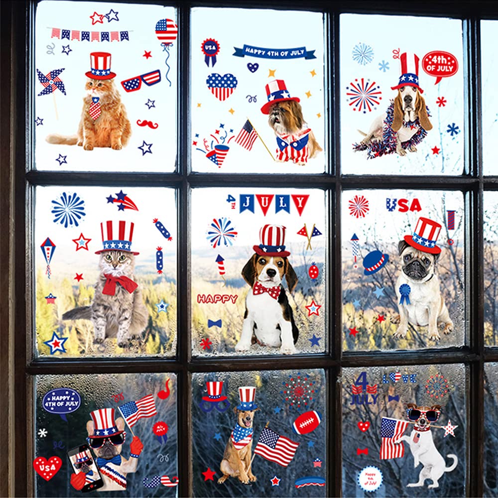 4th of July Window Clings July 4th Window Stickers Decals for Memorial Day Decorations 9 Sheets Double Sided Patriotic Pets USA Flag Window Decals for Spring Home Glass Window Decor Party Supplies