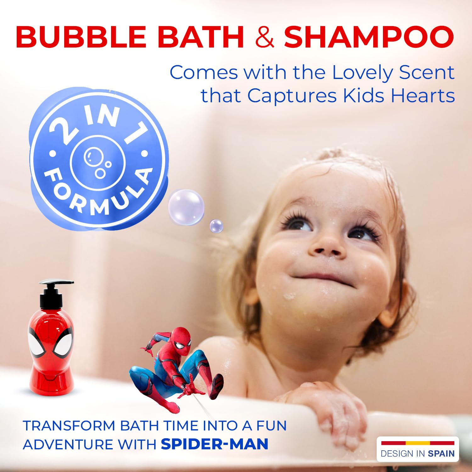 Champú Y Baño De Burbujas Spiderman Kids 2 En 1: Suave Con Vitamina E Y A, PH Equilibrado Para Pieles Sensibles (A Partir De 3 Años)
