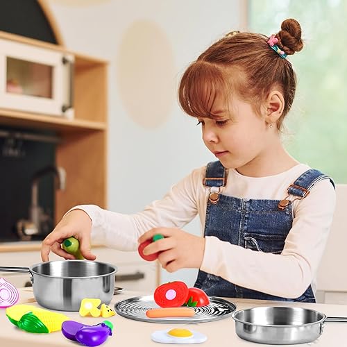 Miniatura 7 de Juego de accesorios de cocina, juego de 25 ollas y sartenes para niños, juego de cocina de acero inoxidable con delantal de comida para jugar, juego