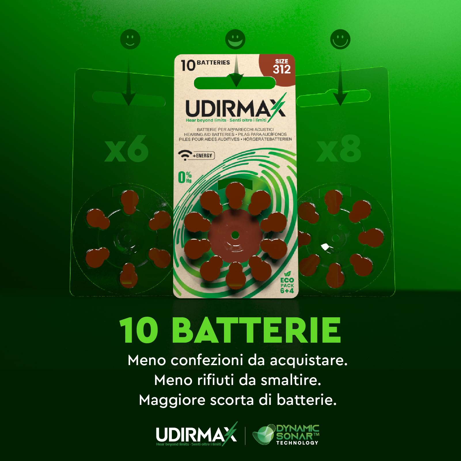 100 Batterie per Apparecchi Acustici Misura 312 Udirmax Pile PR41 Marroni Eco Pack Qualità Audio Costante Dynamic Sonar Zinco-Aria - 10 Blister Ecologici da 10 Pile