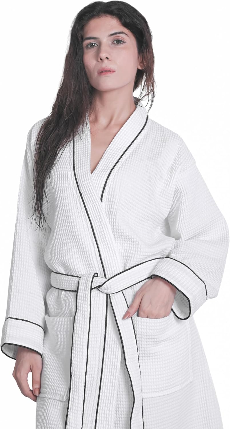 Looperry Unisex White Waffle Bathrobe (1 Piece) Luxurious & Lightweight Shower Robe in Organic Cotton Poly Blend - Image 4