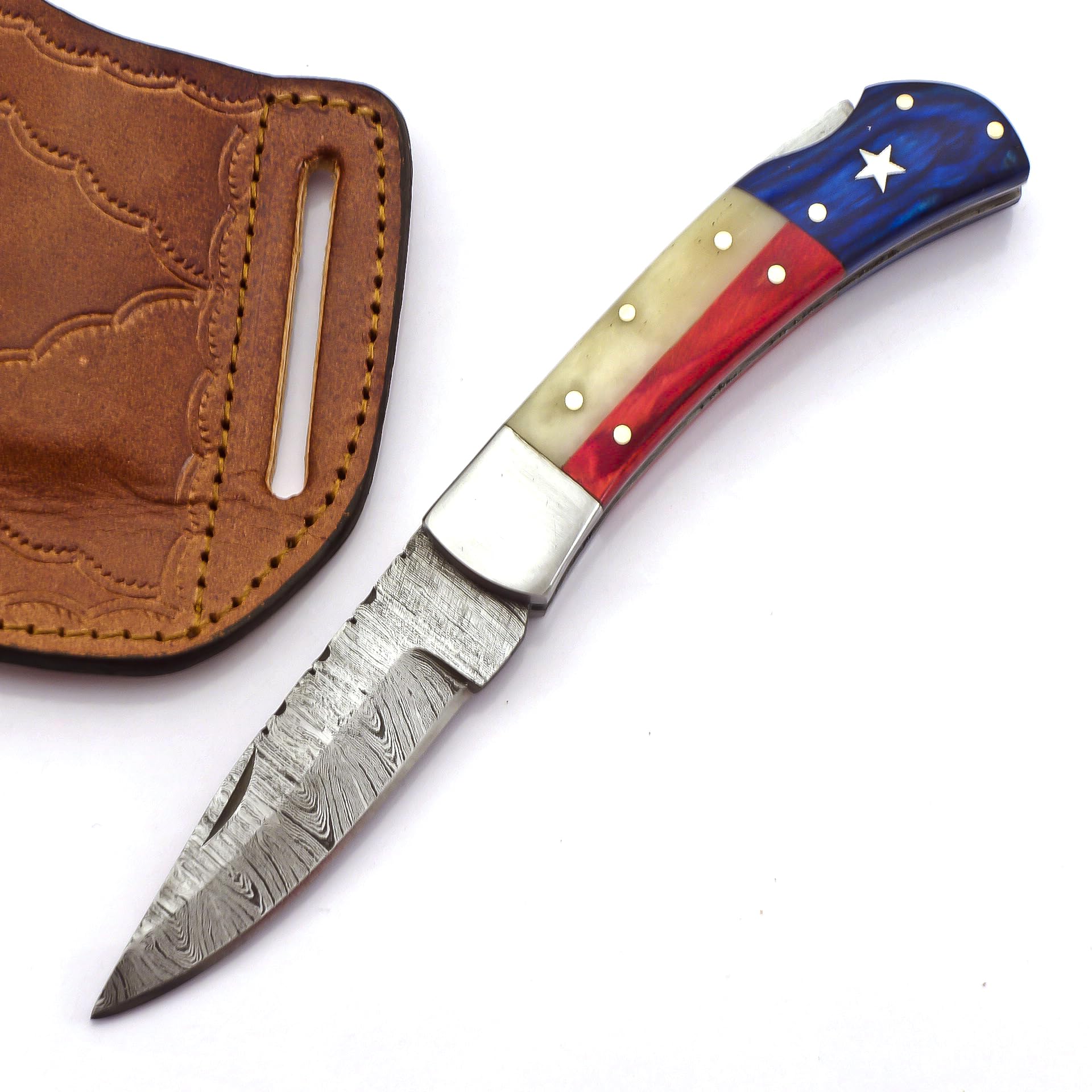 Blaydz Damascus Steel Pocket Knife with Premium Leather Sheath - Damascus Folding Knife with Backlock - Folding Damascus Steel Knife with Texas Flag Handle, Blue, Red & White