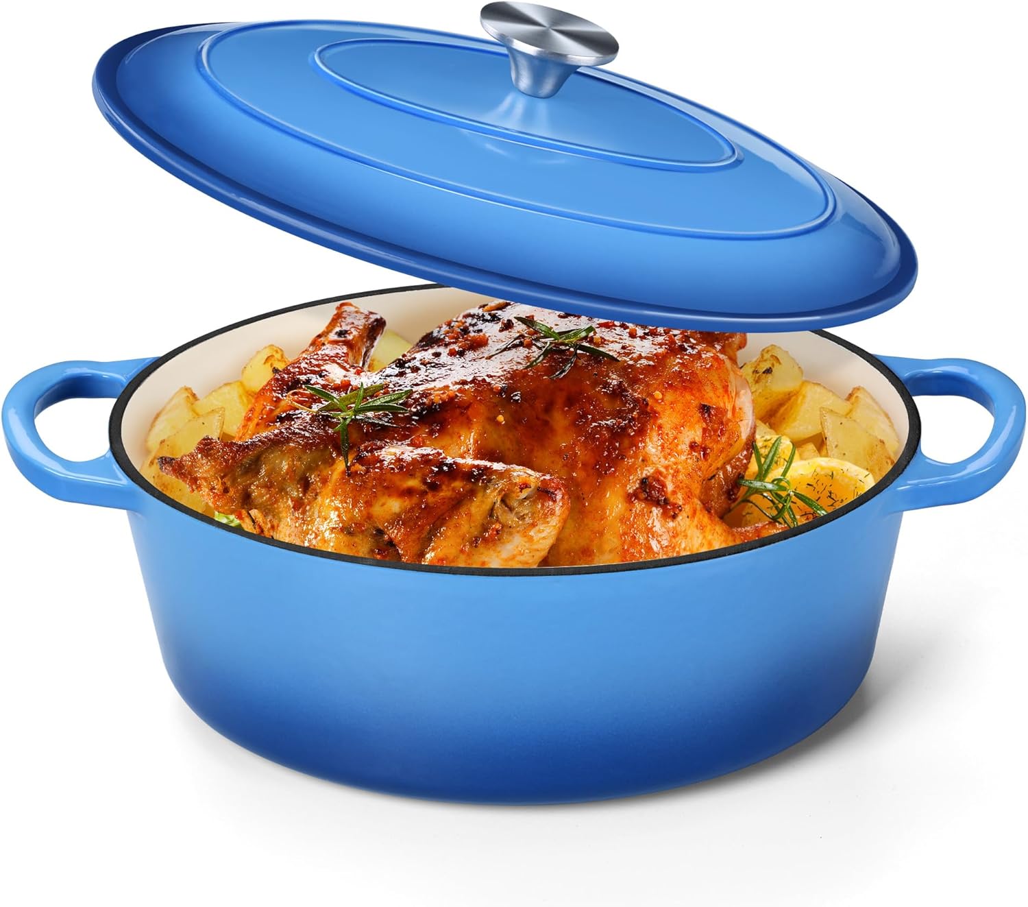 P&P CHEF Oval Dutch Oven with Lid, Enameled Cast Dutch Oven Pot for Bread Baking, Braising, Stewing, Roasting, Non-Stick & Oven Safe, Dual Handles & Easy Clean, 5QT & Blue, Valentine's Day