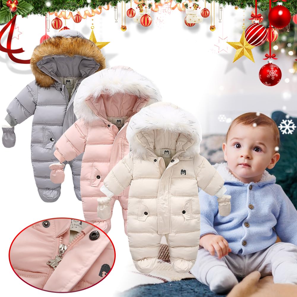 EUBUY Baby Kids Winter Romper, Infant One Piece Kids Hooded Romperwith Pockets, Hooded Warm Snowsuit Puffer Down Zipper Coat Jacket, Hooded Bodysuit for Outdoor