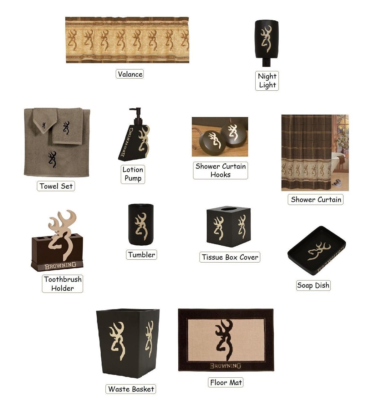 Browning Buckmark 24 Piece Bathroom Decor Accessories Set Tan and Brown