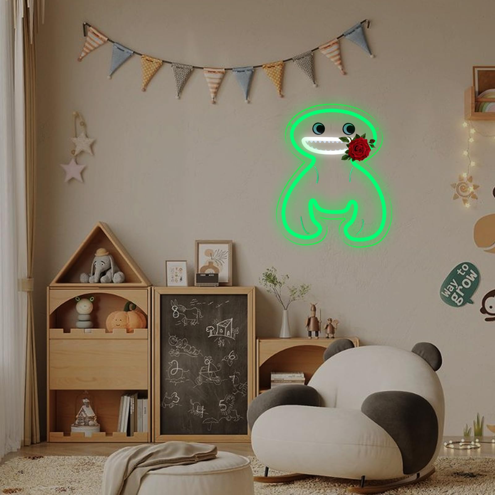 Letrero de neón de figura verde para decoración de pared, jardín, letrero con luz LED, luz de dibujos animados regulable para dormitorio de niños, sala de juegos, arte de pared, regalo de