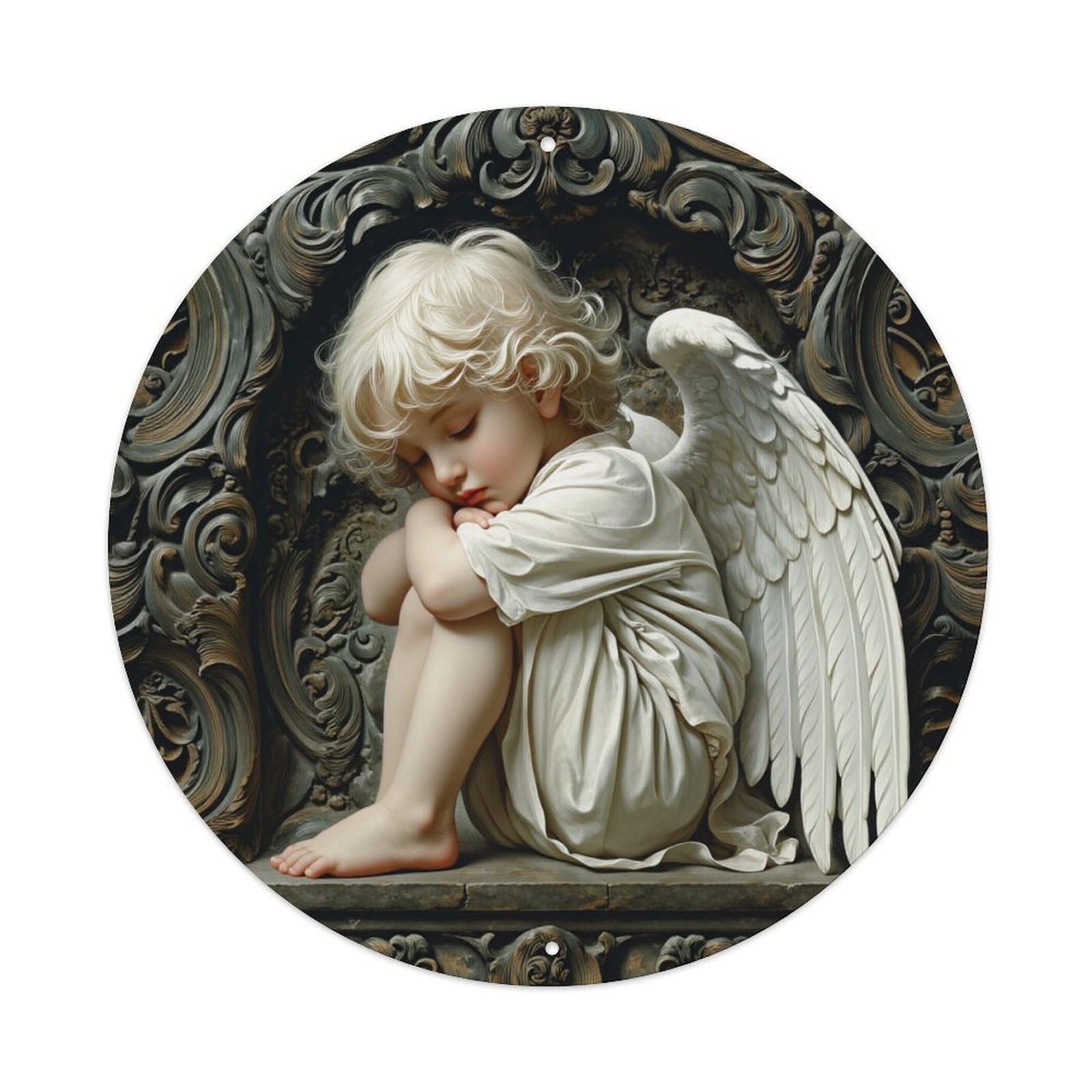 Angel Child Sleeping With Wings Round Tin Sign Vintage Metal Poster, Home Bar Garage Man Cave Cafe Indoor & Outdoor Wall Decoration 8x8Inches