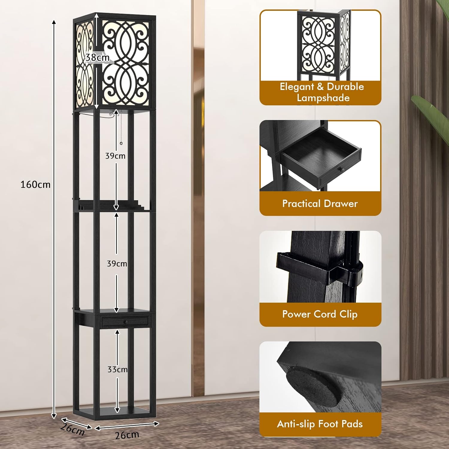 Floor Lamp with Shelves, 3 Tiers Wooden Shelf Tall Standing Light with 2 USB Charging Ports & Drawer, Corner Standard Lamp for Living Room Bedroom (Curved Patterns)