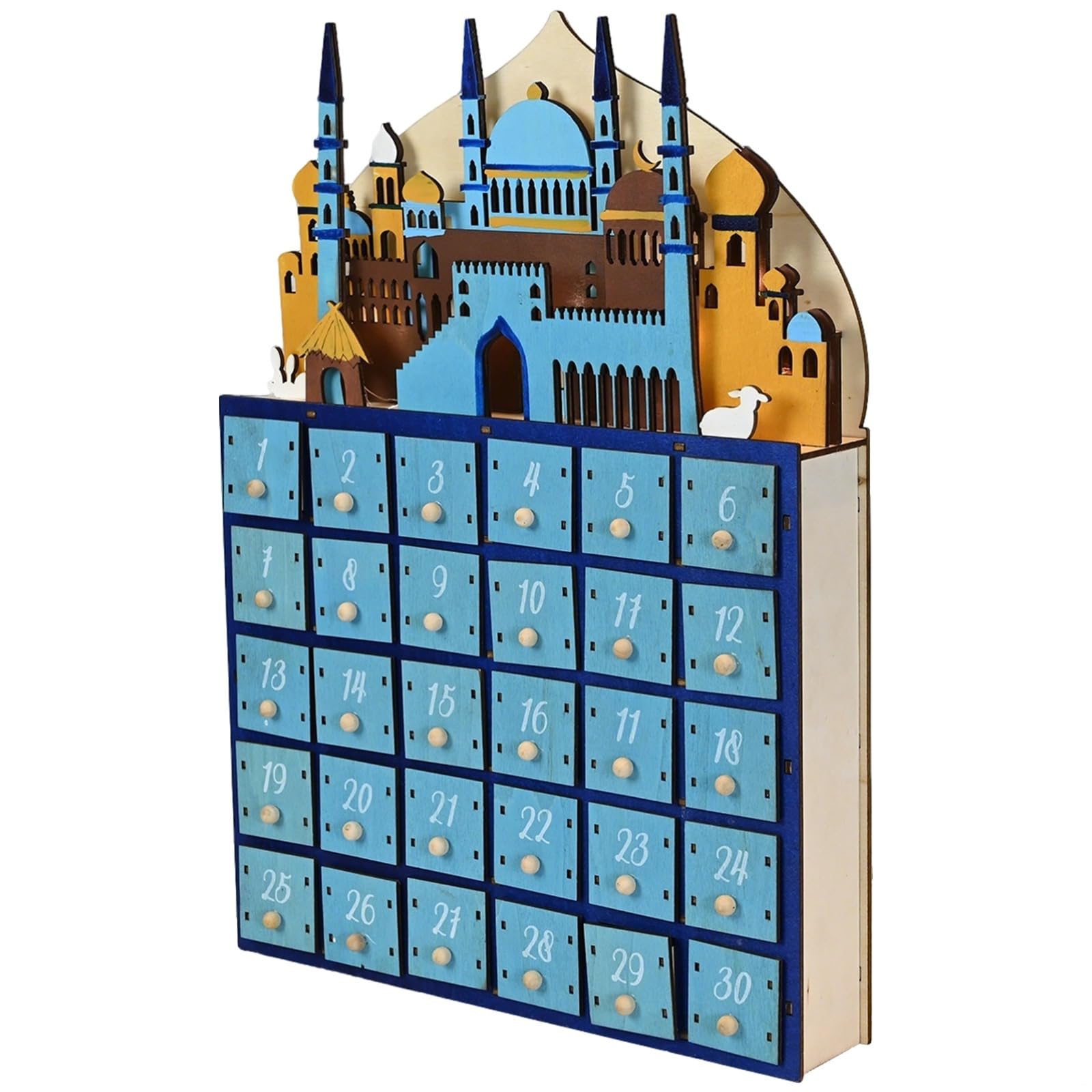 Drewniany kalendarz adwentowy Ramadan, 30 x 5 x 39 cm, odliczanie z 30 szufladami, ze światłami LED, dekoracja festiwalowa Eid, muzułmański styl, religijna lampa stołowa do sypialni