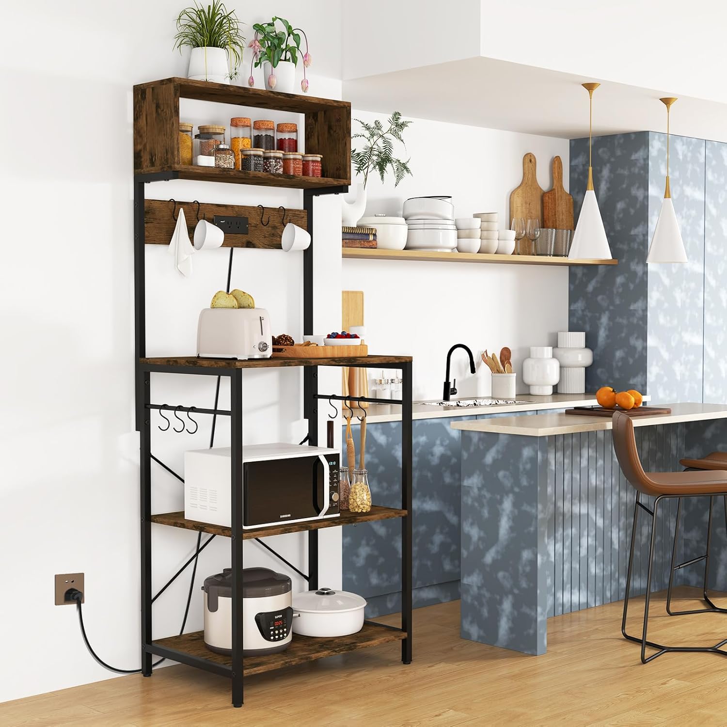 GOFLAME Kitchen Bakers Rack with Power Outlet, 60” Tall Microwave Stand with Open Shelves & 10 Hanging Hooks, Multifunctional Coffee Bar Station for Kitchen, Dining Room, Living Room, Rustic Brown