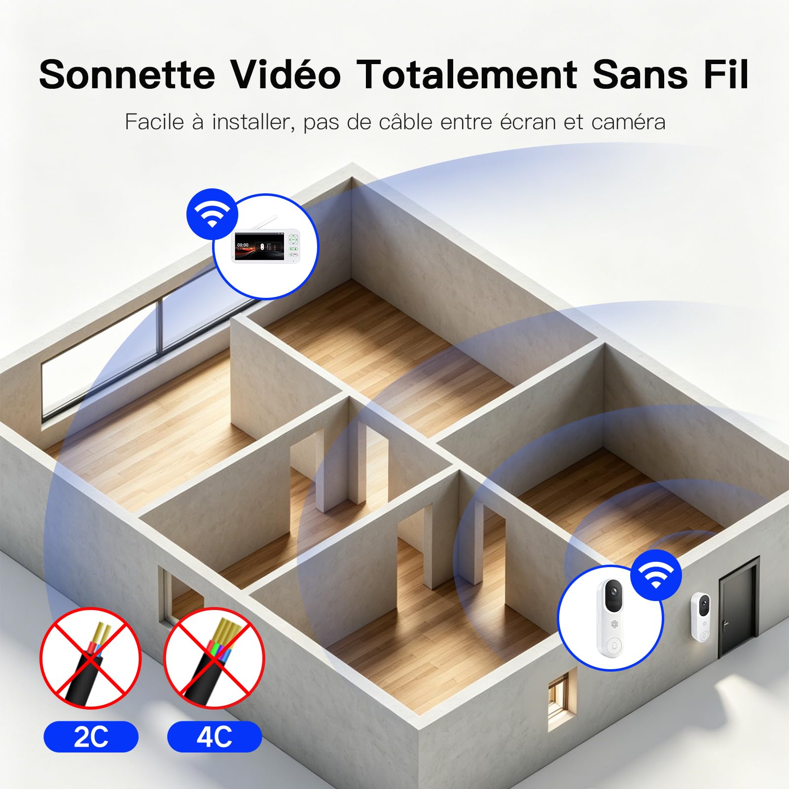 XPJ Visiophone Sonnette sans Fil avec Camera et 5" Ecran Moniteur, Interphone Vidéo Connecté WiFi 1080P, Stockage Local, PIR Détection de Mouvement, Audio Bidirectionnel, Vision Nocturne, Tuya APP