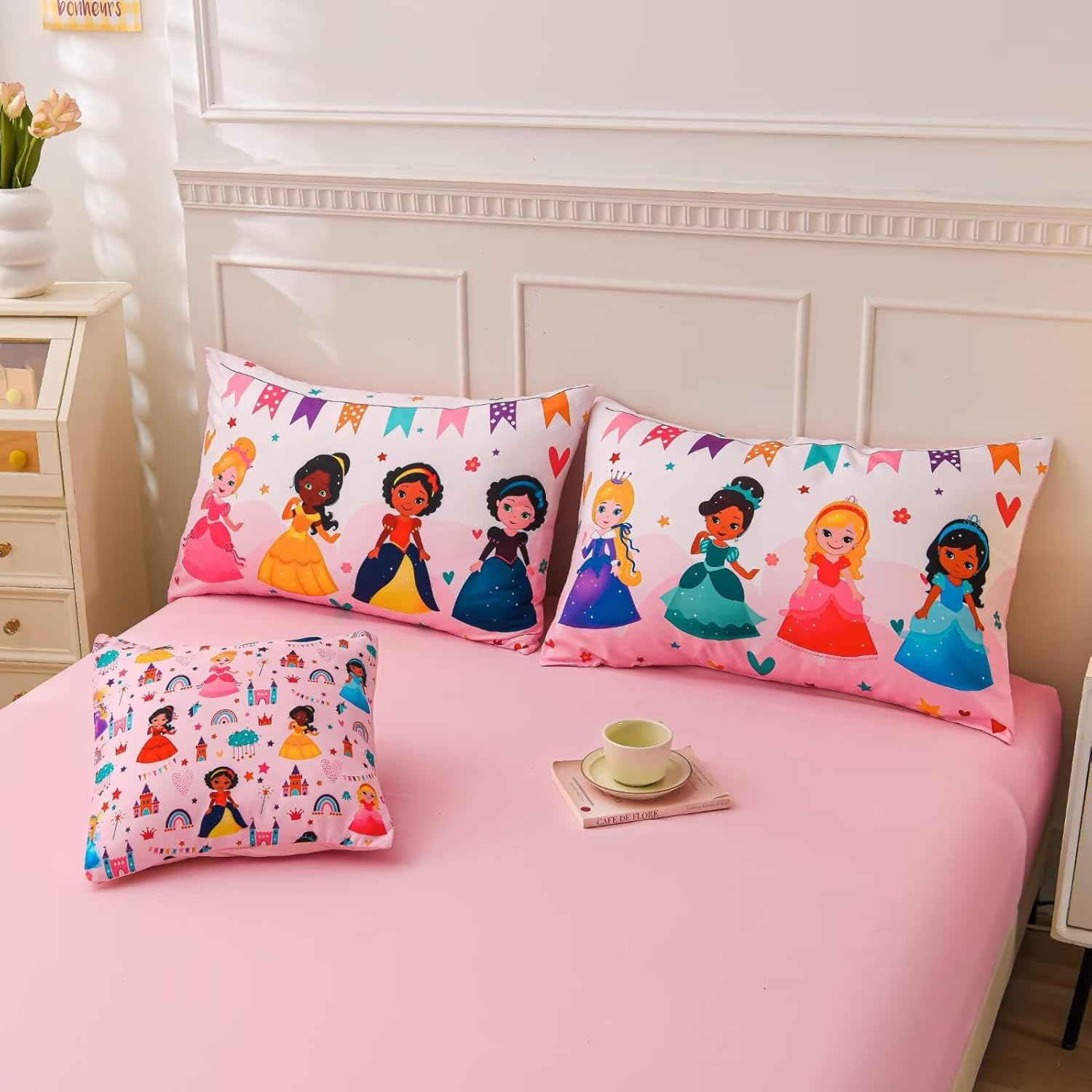 6 Pieces Pink Princess Comforter Set for Girls Twin,Bed in A Bag Princess Bedding Set for Girl Kids (1 Comforter,1 Flat Sheet,1 Fitted Sheet,2 Pillowcases and 1 Cushion Cover) - Image 8