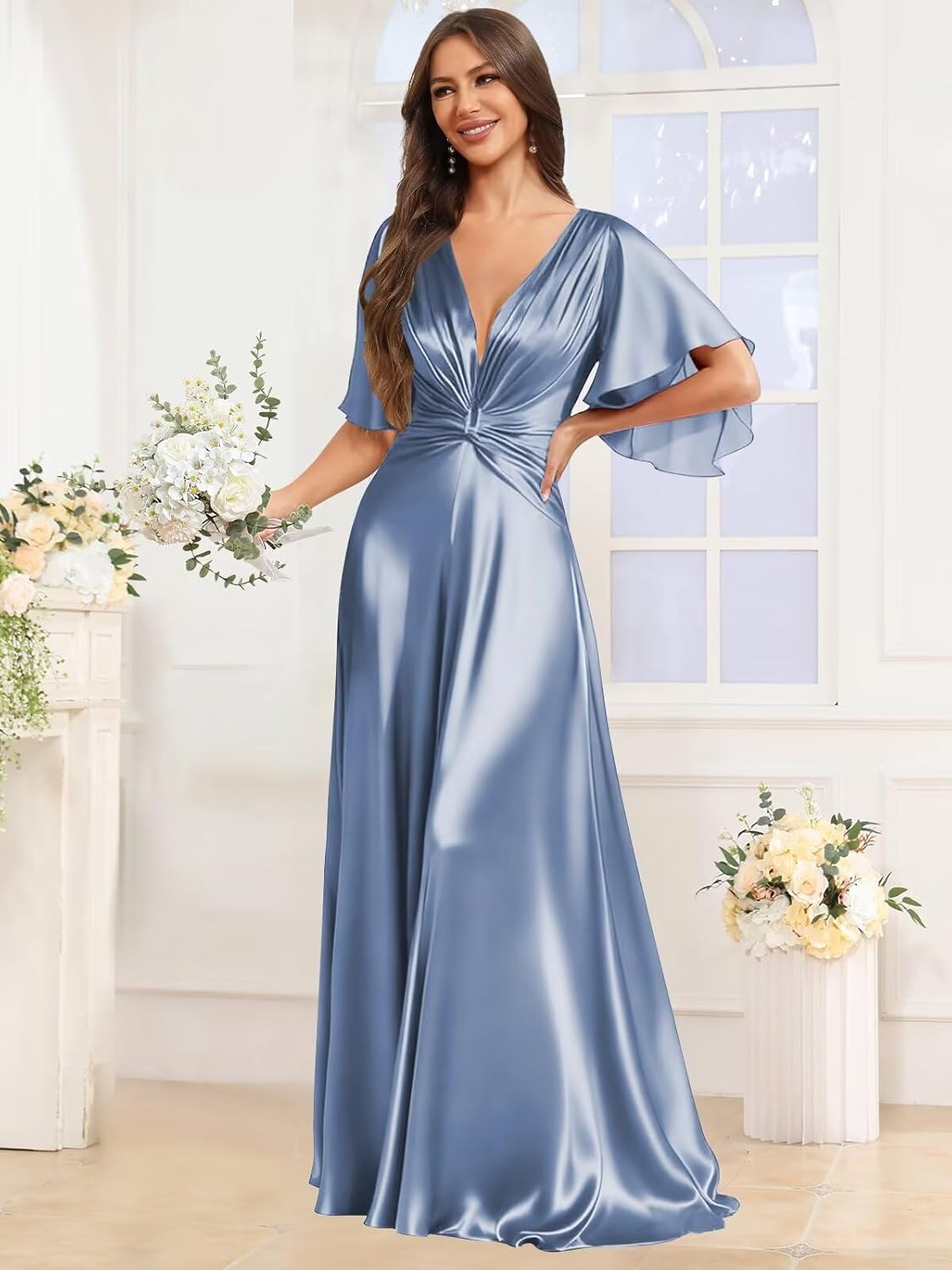 Ruffle Sleeve Bridesmaid Dresses Long for Women Satin Pleated A Line Formal Wedding Guest Dress