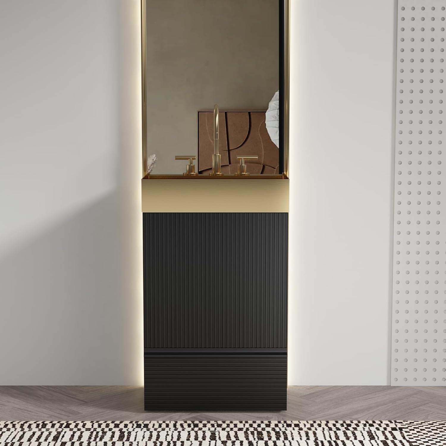 Fashionable Striped​ 20 inch Bathroom Vanity with Golden-Tone Metal Sink, Freestanding Modern Storage Cabinet with Soft-Closing Door 1 Drawer, for Small Bathroom, Powder Room, Hotel Black