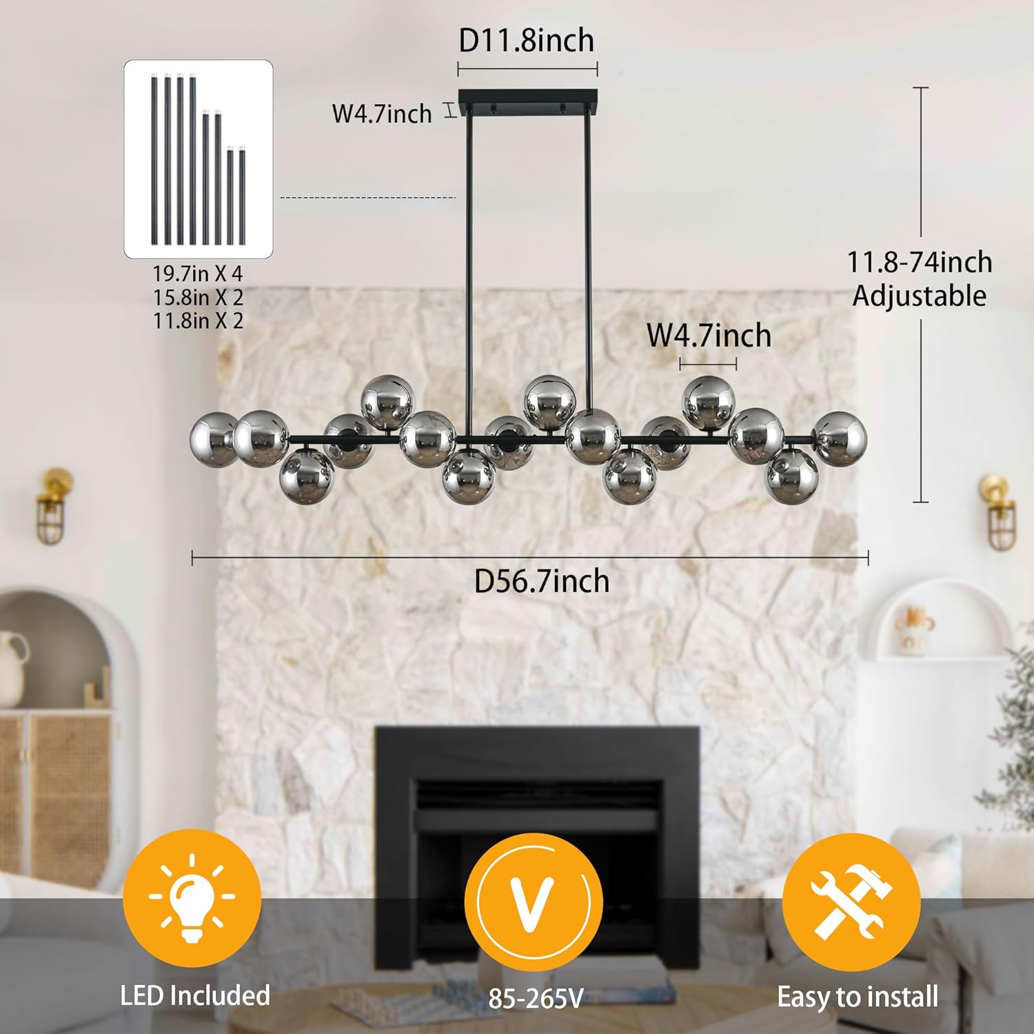 Black Chandeliers for Dining Room 57In Mid Century Pendant Lights Kitchen Island Linear Sputnik Chandelier for Dining Room, Adjustable Height with Black Gray Glass Shades, Bulb Included
