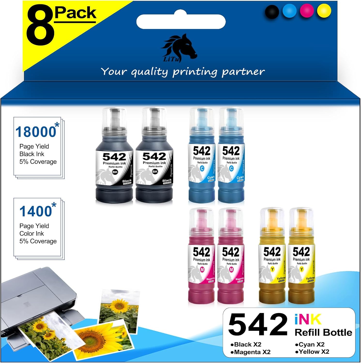 T542 542 Ink Refill Bottles Pigment Replacement for ET-5150 ET-5170 ET-5180 ET-5800 ET-5850 ET-5880 ET-16600 ET-16650 ST-C5000 ST-C5500 ST-C8000 ST-C8090 (8-Pack, 2BK+2C+2M+2Y)