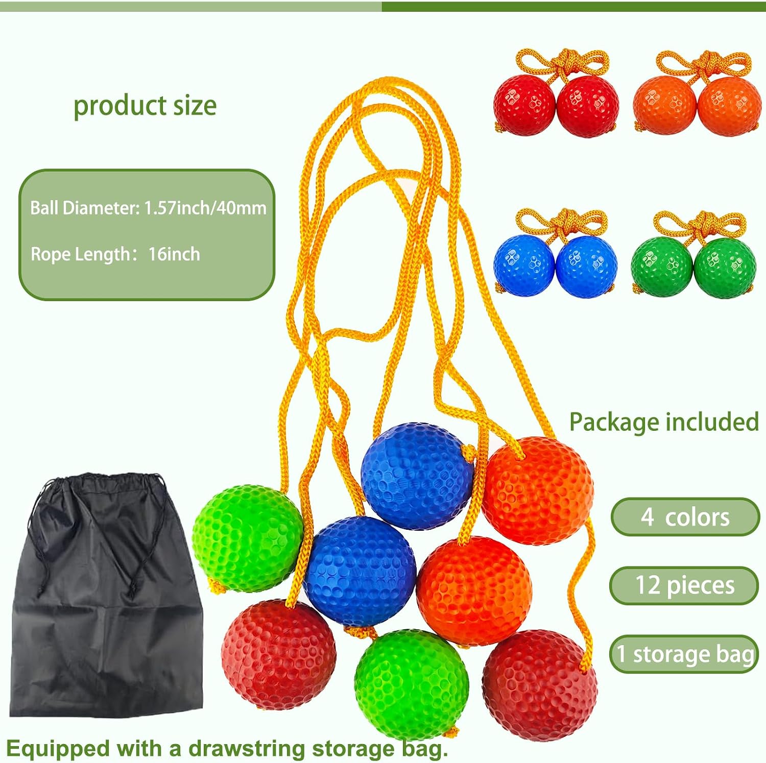 12 Pack Ladder Toss Balls Ladder Ball Replacement Balls with Storage Bag for Toss Match (Red Blue Orange Green)
