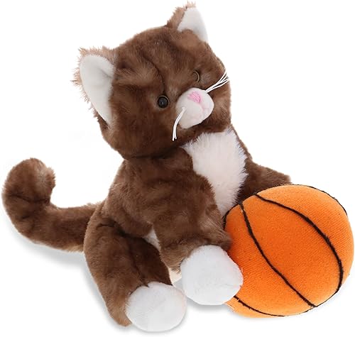 DolliBu Peluche de gato marrón con peluche de baloncesto, gatito suave y abrazable, adorable juguete de peluche para jugar, lindo regalo de vida