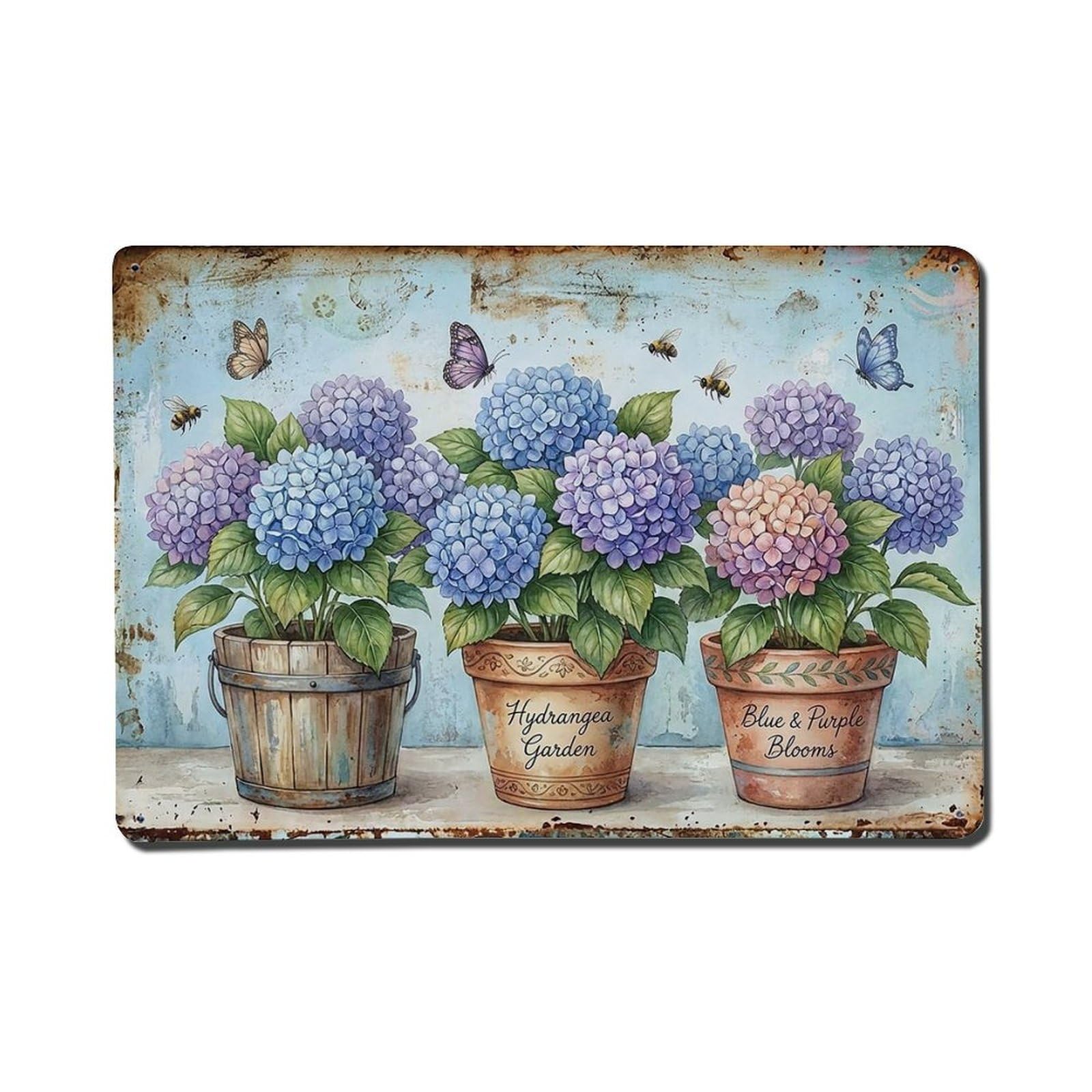 Vintage Rustic Flower Potted Plants Hydrangea Metal Tin Sign