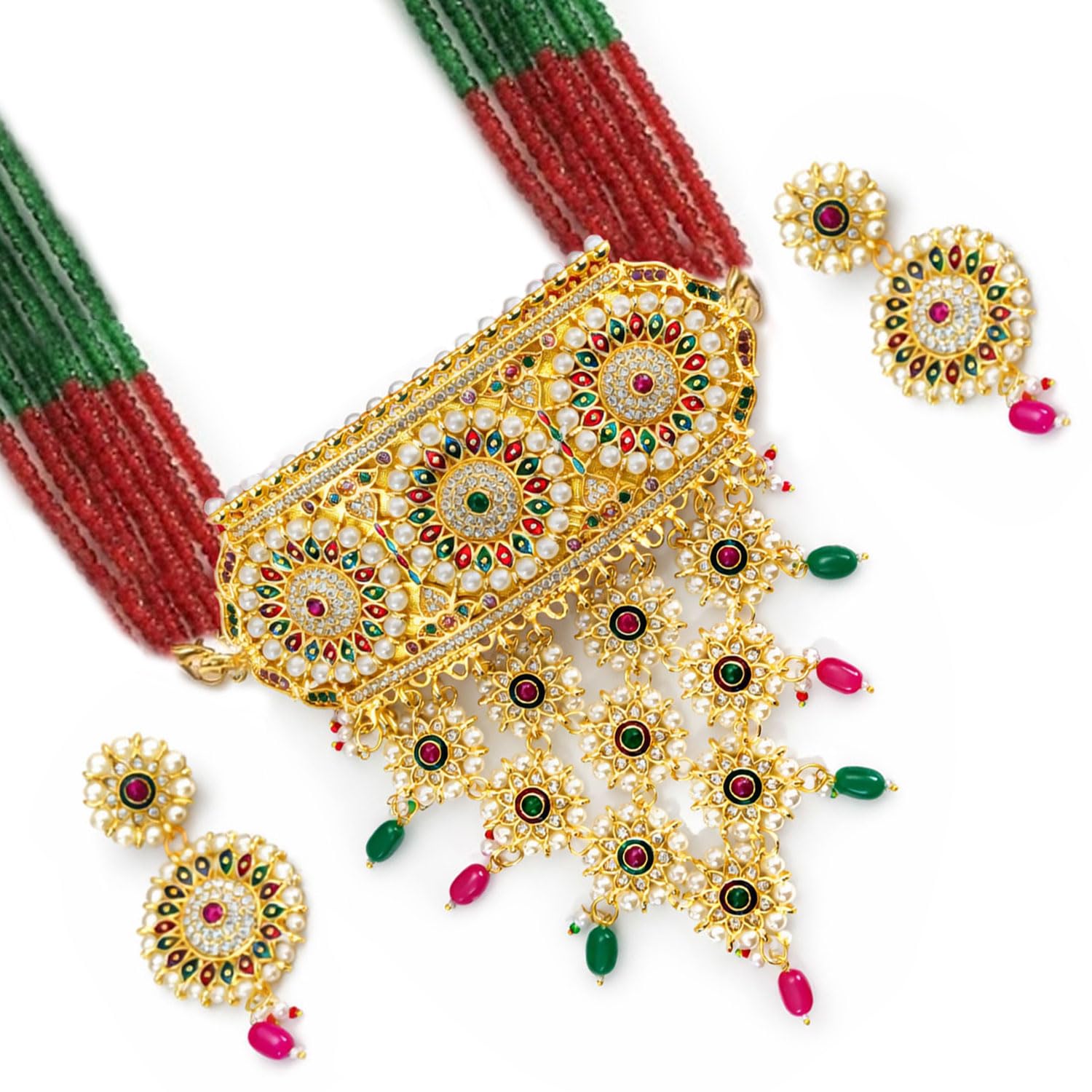vama FASHIONS Gold Plated Traditional Rajputhi Stone Necklace Mini Aad Rajasthani Pearls Jewellery Neck Piece Choker Earrings Set for Women-picture-14