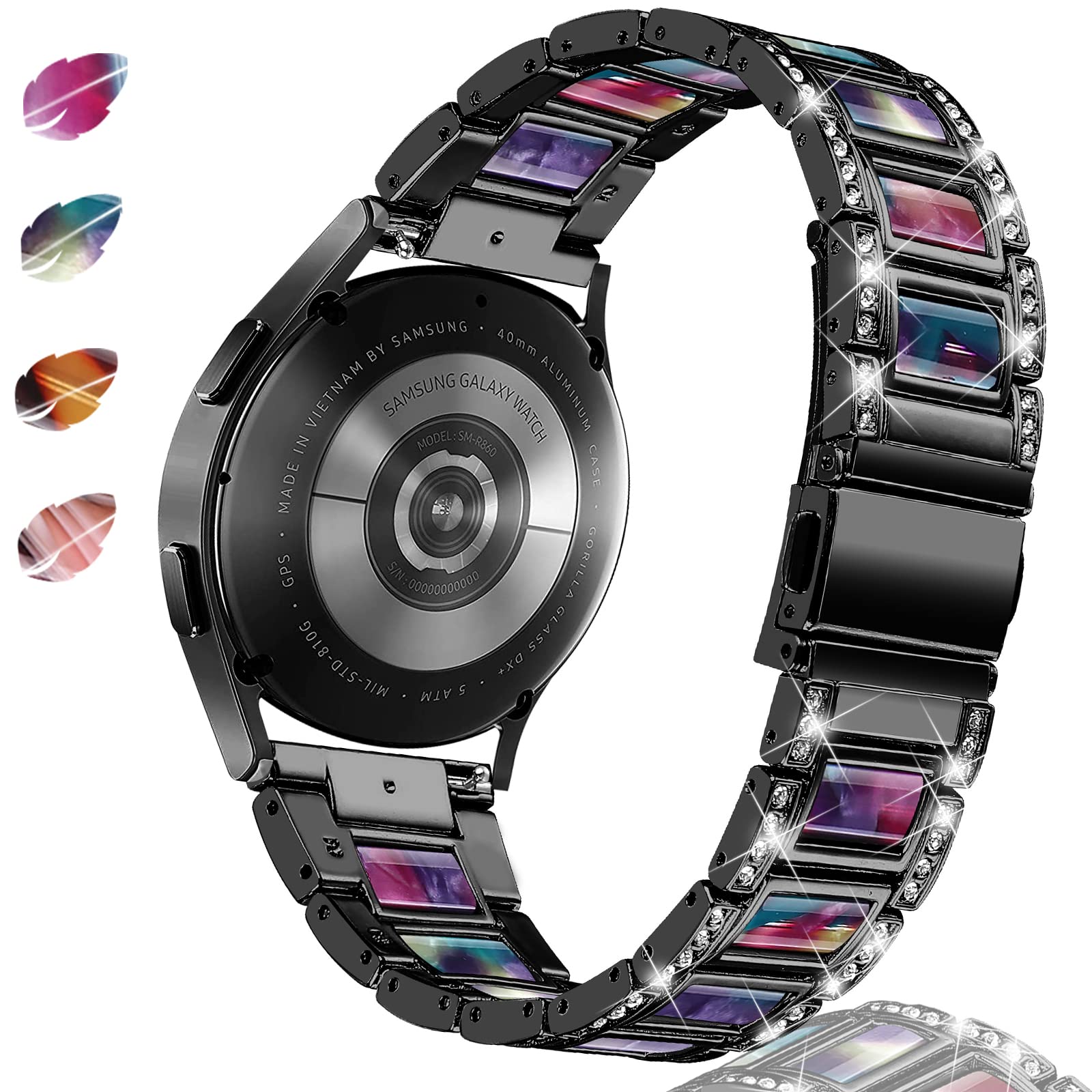 NINKI Metal Band Compatible for Samsung Galaxy Watch 6 5 4 3 40mm 44mm 43mm 47mm 41mm/Active 2 Watch Band Women Men,20mm Resin Diamond Bracelet for Galaxy Watch 4 Classic 42mm/46mm,Black+Purple Green