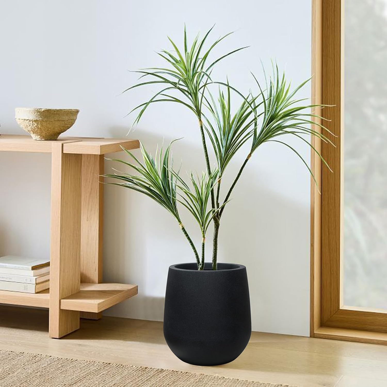 11.8 Inch Plastic Tall Planters for Outdoor Plants, Modern Black Round Tapered Flower Pot for Outdoor and Indoor Plants, Large Plant Pot with Drainage Holes and Rubber Plug for Home Garden Patio