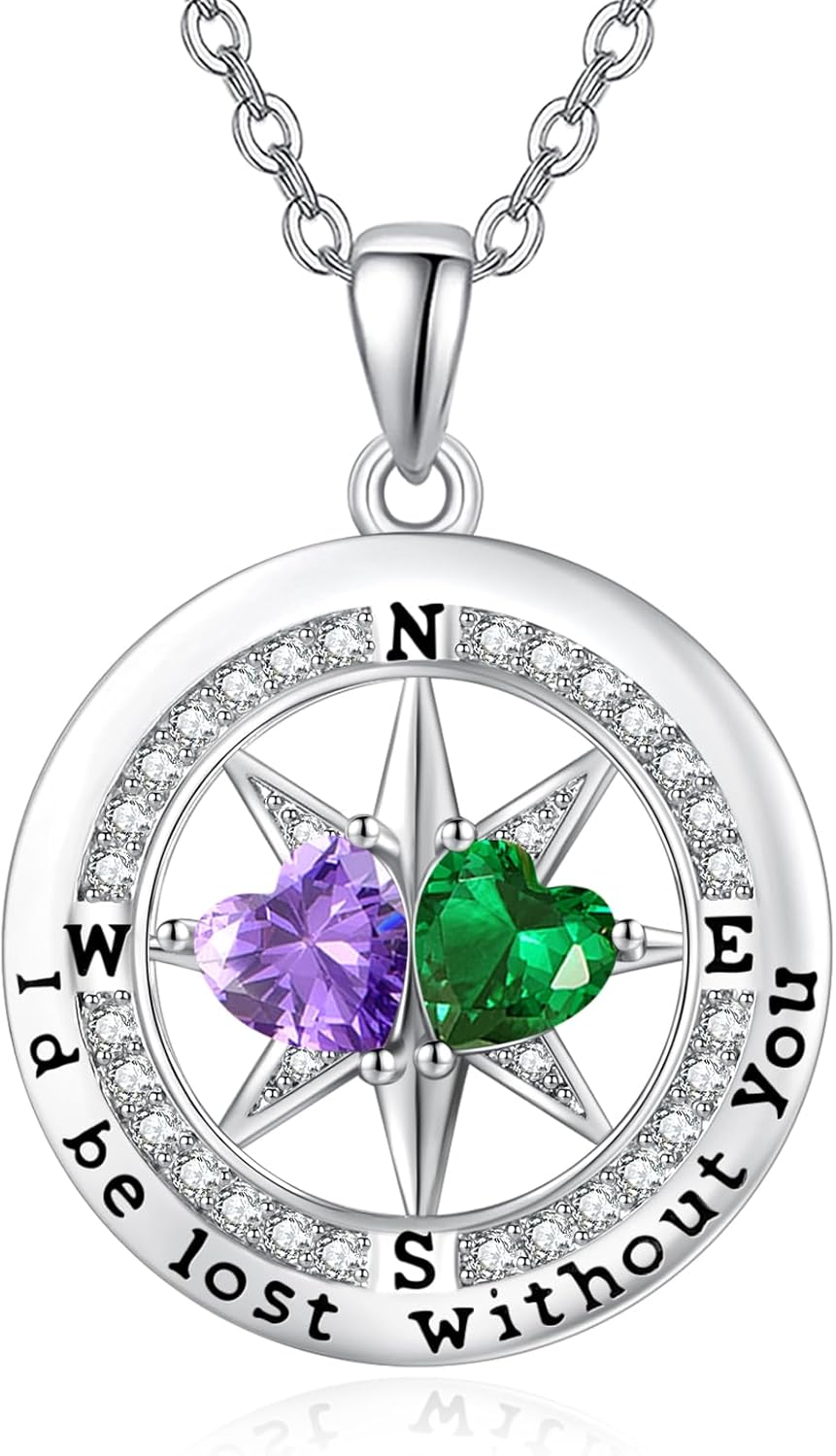 Compass Necklace for Women, Exquisite S925 Valentines Day Anniversary Birthday Gifts for Wife Her Double Birthstone Pendant Jewelry ‘I'd be Lost Without You’