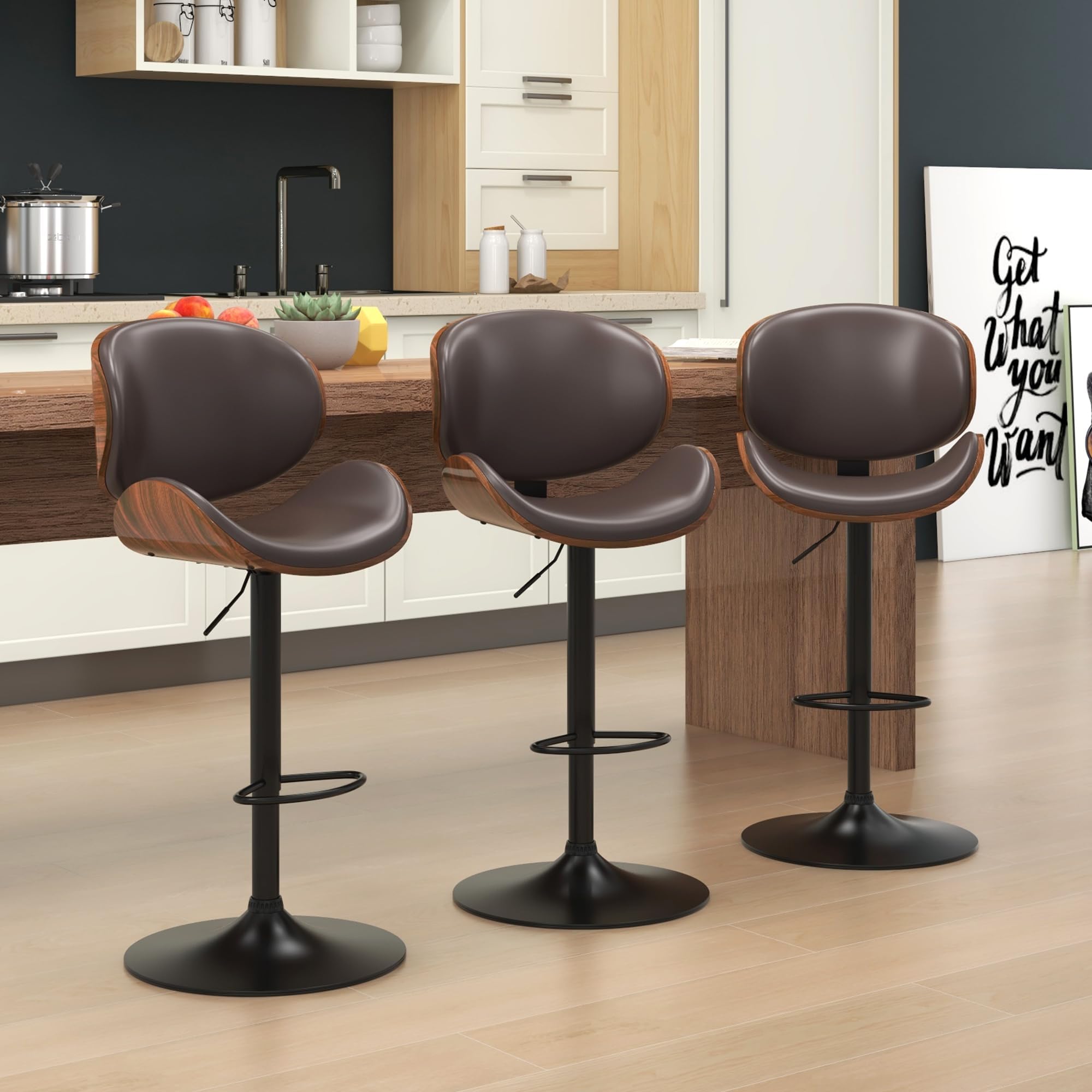 KCC バースツール 3個セット 高さ調節可能 バースツール PUレザー 布張りバーチェア フットレスト付き ベントウッド バースツール キッチン バー ダイニングルーム用 (ブラウン PU)