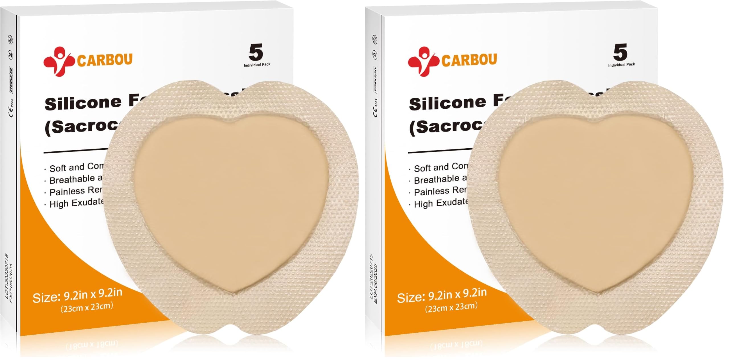 Carbou Silicone Sacrum Foam Dressing, 9''x9''(23cm x23cm) Bordered Adhesive Sacral Foam Dressing,Soft Bed Sore Bandages,Wound Care Products,Box of 5 Dressings (Pack of 2)