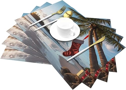 Miniatura 6 de 6 PCS PVC Placemats Set Place Mats Merry Christmas Palm Tree Non-Slip Weave Place Mats 12" x 18" Farmhouse Table Mat Set for Family Dinners Wedding