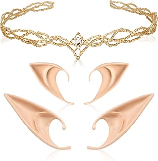 FRESHME Fairy Ears with Elf Crown Set 2 Pairs Soft Elf Ears with Gold Fairy Crown Set Pixie Headband Headpiece Kit Cosplay Costume Makeup for Halloween Renaissance Dress Up