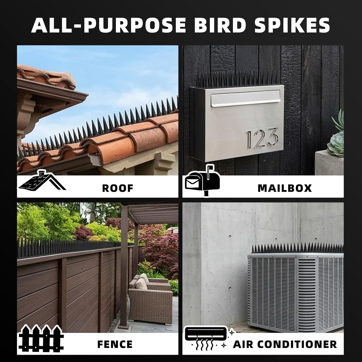 Bird Spikes, 24 Pack, 33.5 FT Total Coverage, Outdoor Bird Deterrent for Pigeons and Small Birds, Helps Keep Cats and Squirrels Away, Plastic Spikes for Fences, Railings and Roofs, Black