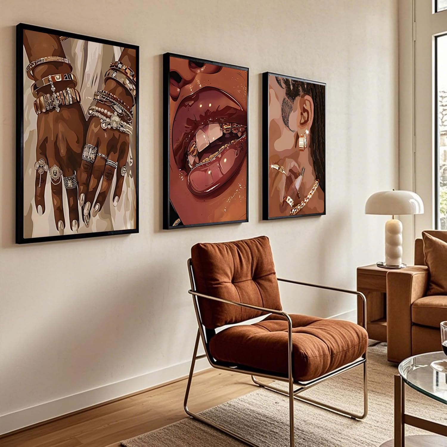 3 Pcs Trendy Black Woman Canvas Wall Art Fashion Bracelets Earrings Necklaces Gold Teeth Wall Decor Pictures African American Woman Posters Prints for Girl Bedroom Home Decoration 12x16in Unframed image 4