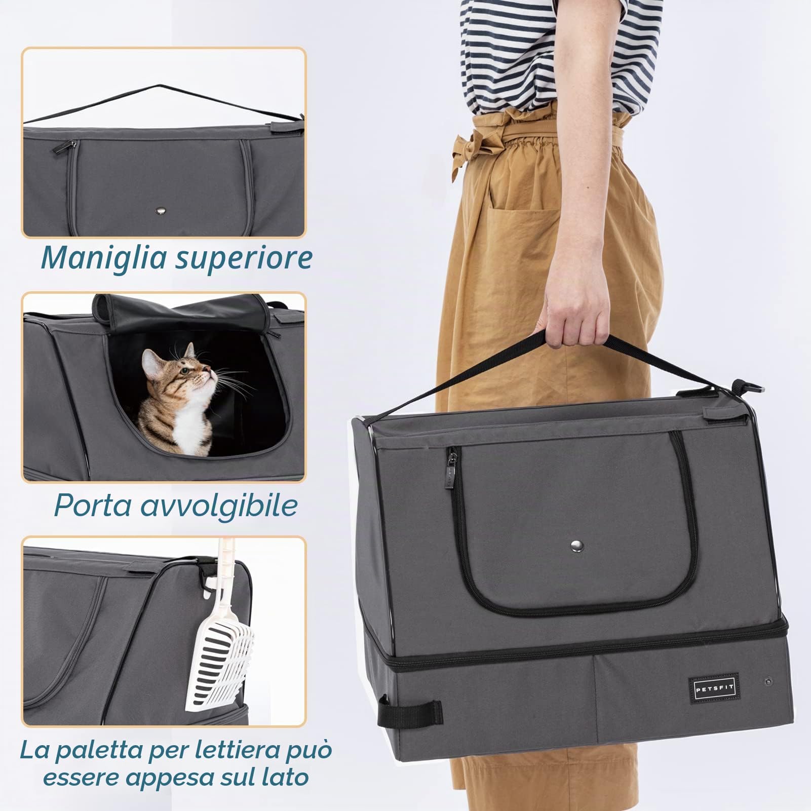 Petsfit Lettiera per gatti portatile da viaggio,Lettiera pieghevole con coperchio, facile da pulire,Grigio