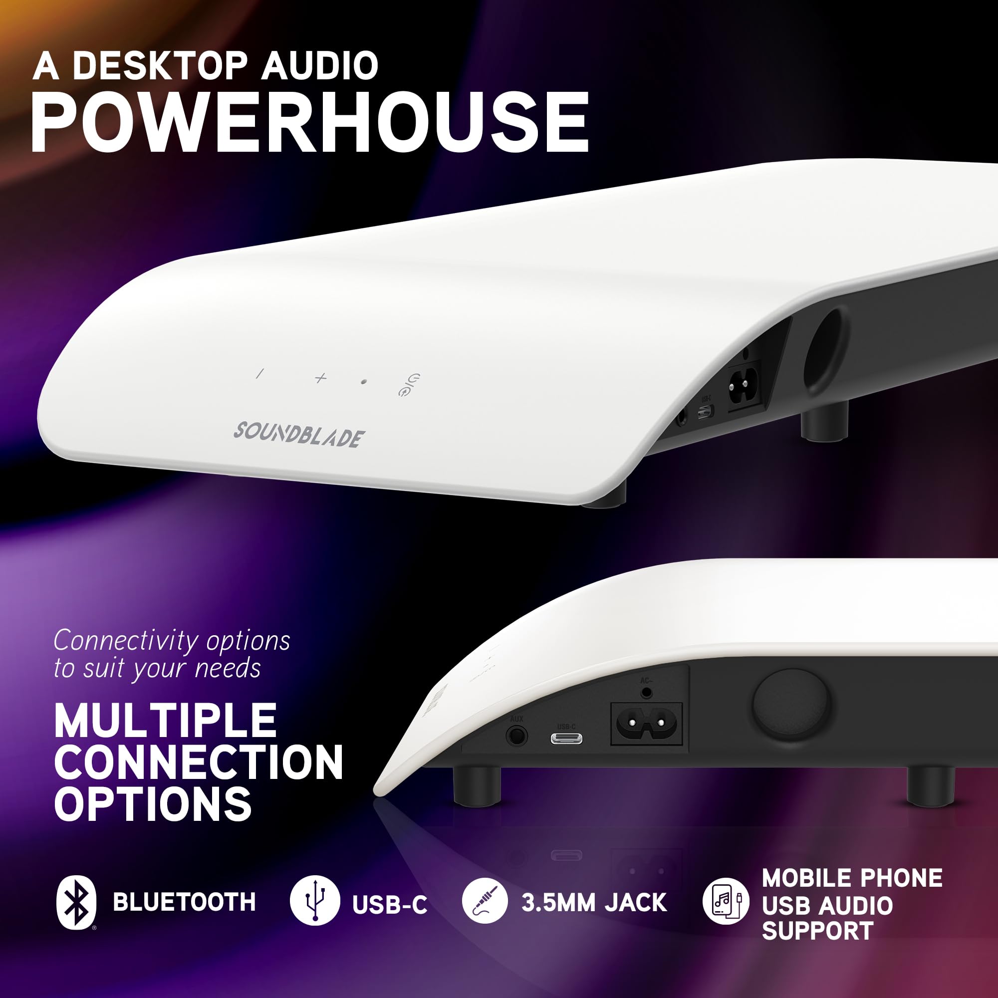 BlueAnt Soundblade Under Monitor Soundbar, Powerful 120 watt, 2.1 Channel USB-C, Bluetooth 5.3 Desktop Speaker for PC, Mac for Streaming Content, Music and Gaming. (White)