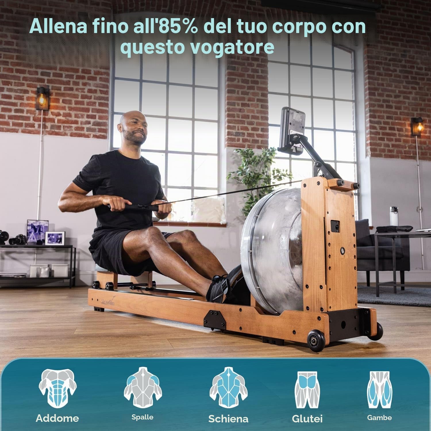Skandika Vogatore ad acqua Lykke: serbatoio a 90°, vogatore in legno massiccio di faggio per la casa, compatibile con l'app Kinomap