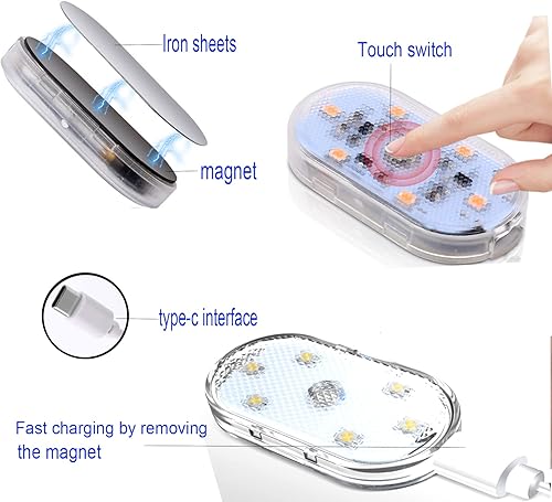 Miniatura 6 de FICBOX 3 luces LED para interiores de automóvil con 6 cuentas de lámpara LED brillantes luz de iluminación recargable USB luz de lectura portátil