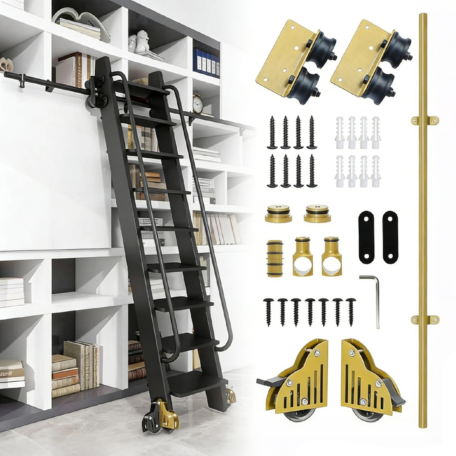 Kit de quincaillerie robuste pour échelle coulissante, capacité de charge de 150 kg, design anti-déraillement, pour loft de bibliothèque (louche non incluse)