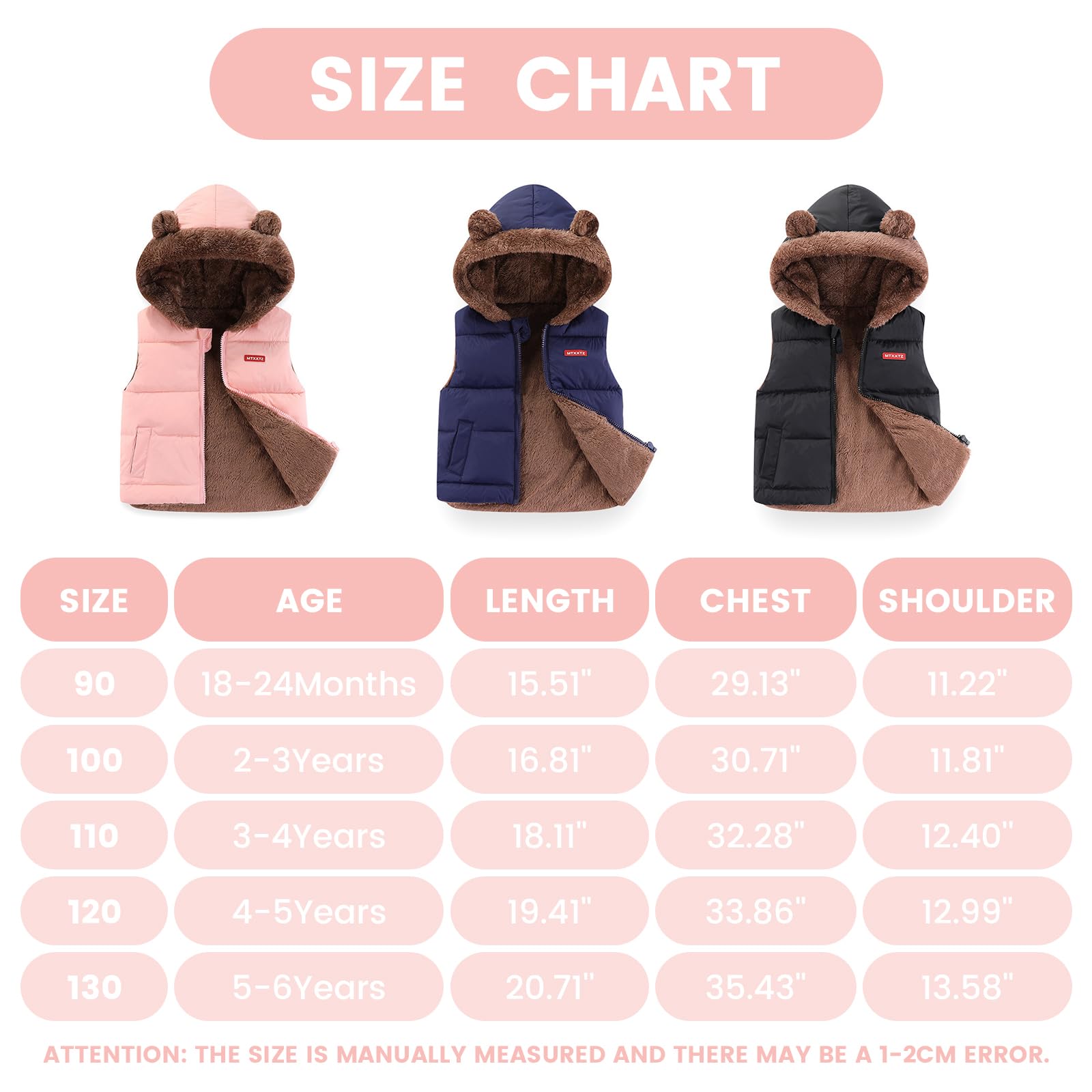 JiAmy Bébé Garçon Fille Gilet, Chaud Rembourré Hiver Bambin Polaire Gilet, Ours Oreilles Enfants Gilet, Sans Manches Veste épaisse Cêtements D'extérieur 18 Mois-6 Ans