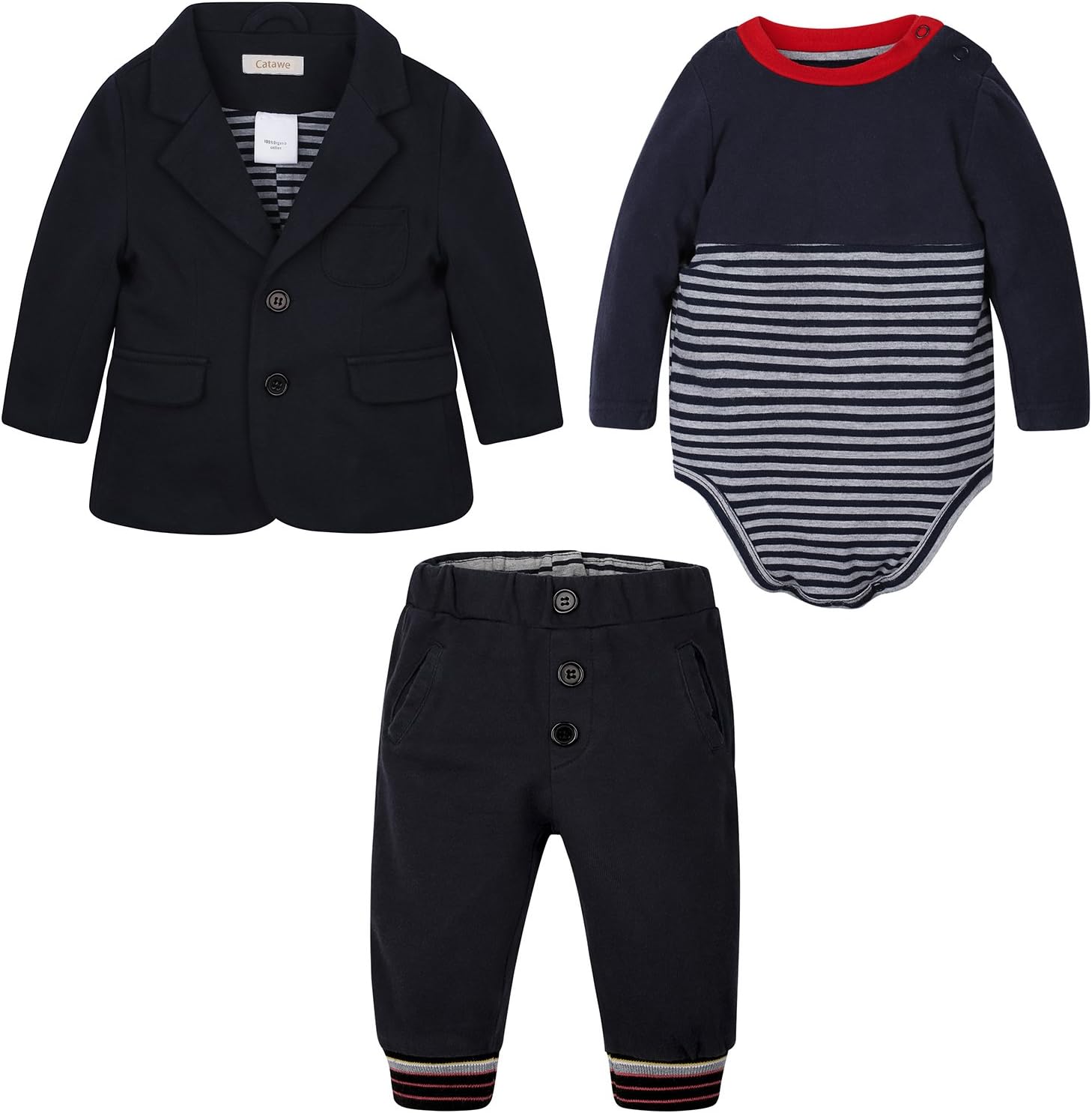 CATAWE Newborn Baby Boy Suits, Newest Infant Gentleman Boys' Suit Spring Fall Long Sleeve Pure Cotton Romper Jumpsuit Clothes Onesie 3Pcs Outfits Set for Toddler Baby Boys (Label 70, Dark Blue)