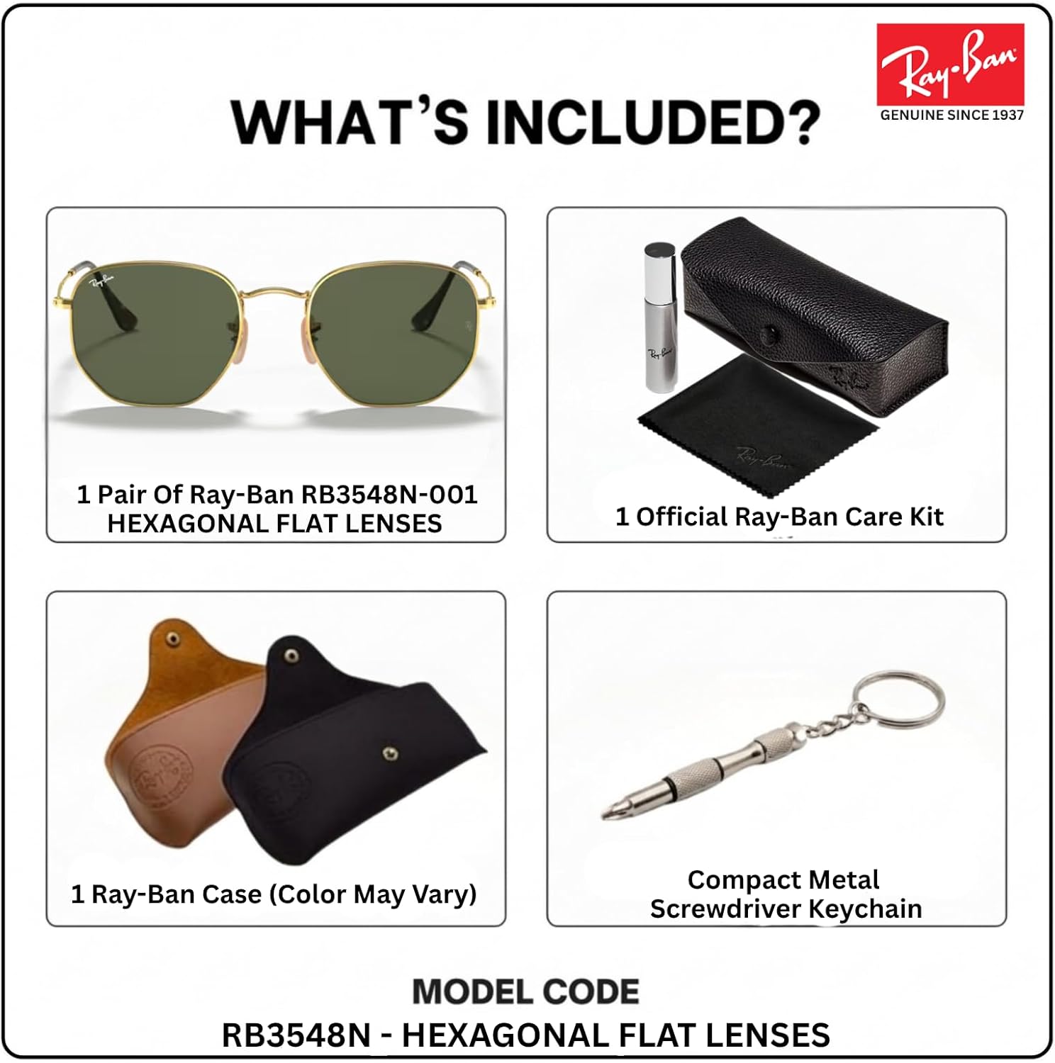 Ray-Ban RB3548N HEXAGONAL FLAT LENSES Square-Round Shape Sunglasses with Official Eyewear Kit