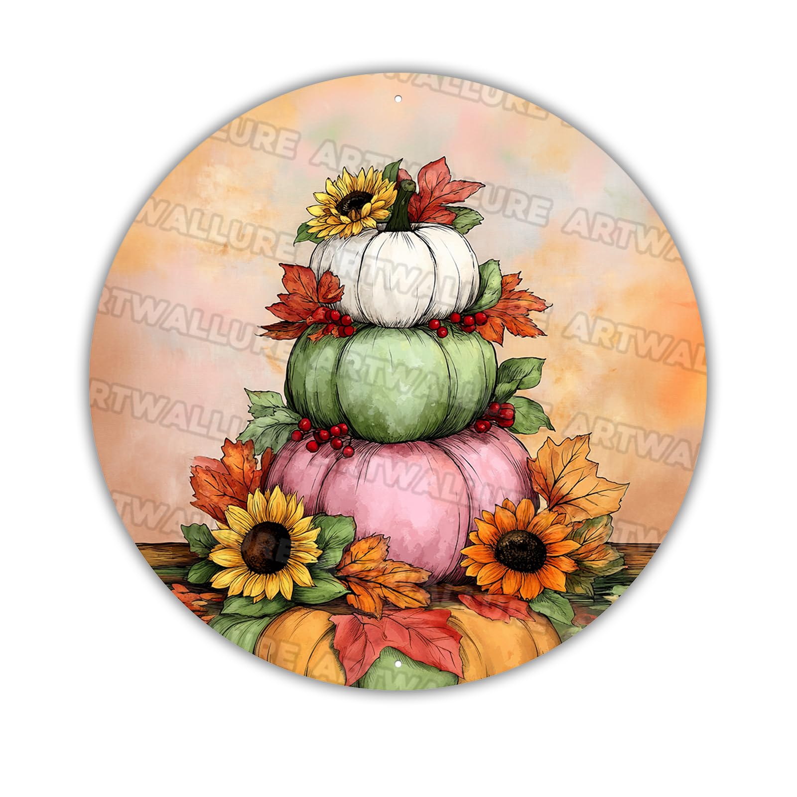 Thanksgiving Fall Pumpkin Metal Tin Sign Autumn White Teal Pink Sunflower Maple Leaves Vintage Retro Wall Art Farmhouse Decor Outdoor Home Decoration 8x8inch