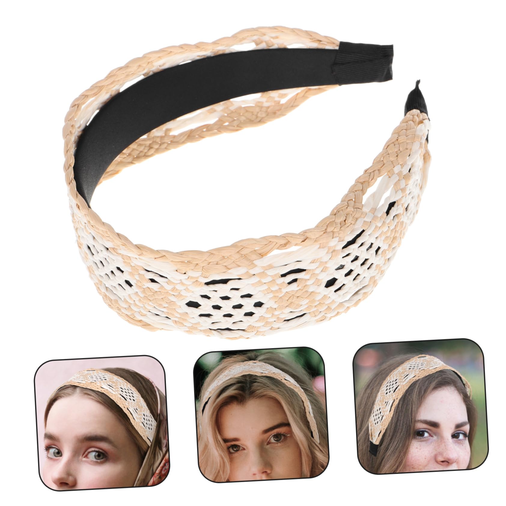 SHERCHPRY Serrage-tête Accessoire Cheveux pour Femmes Bandeau en Raphia Tissé Large Vintage Bohème Beige Confortable pour Plage et Occasions Variées